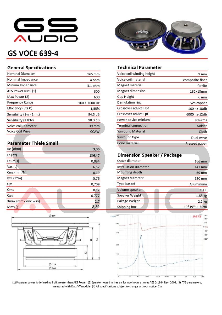 Gs Audio VOCE6 - woofer 160mm - bobina 39 - 4/8ohm - 300Wrms