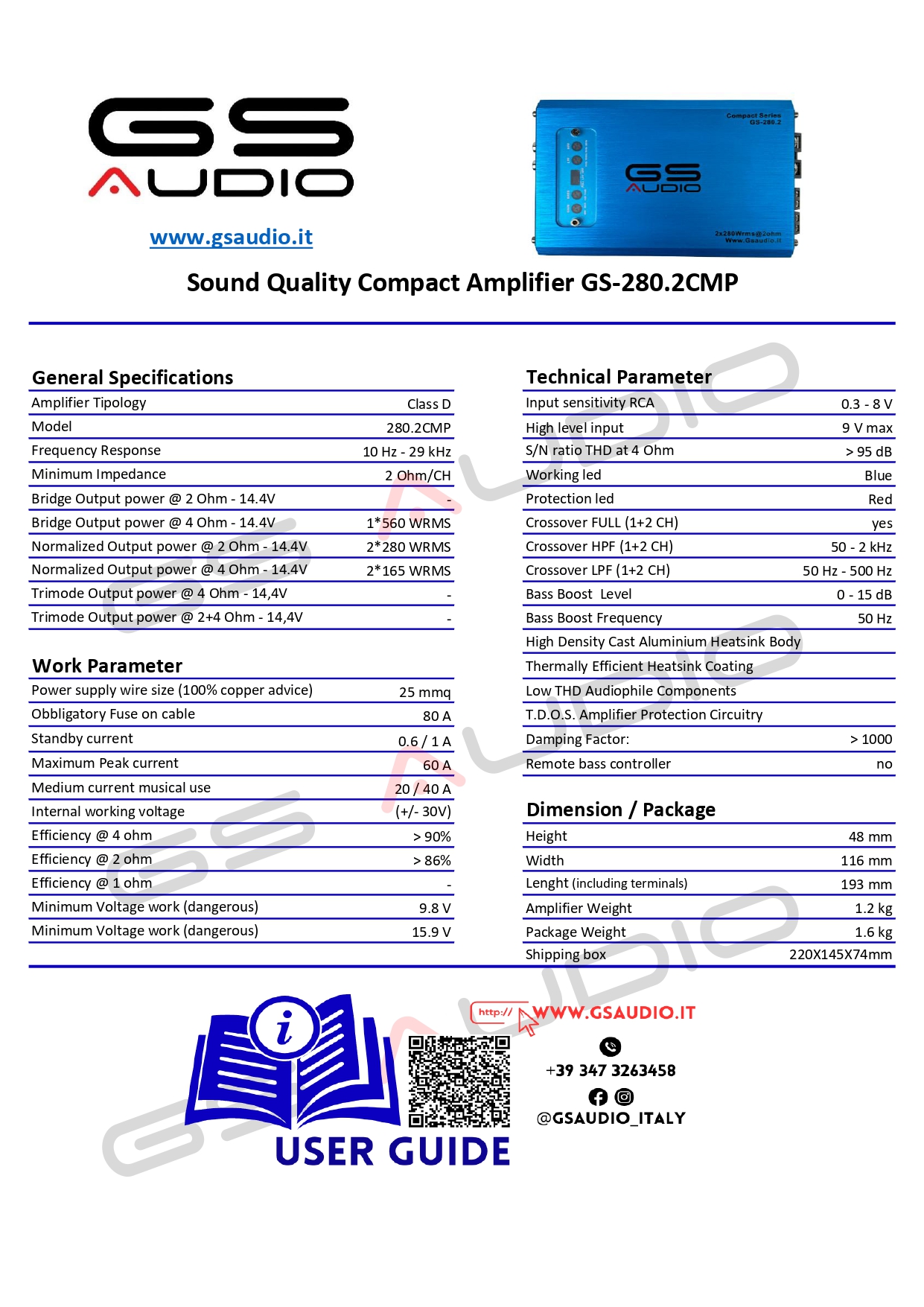 Scheda tecnica GS Audio 280.2CMP