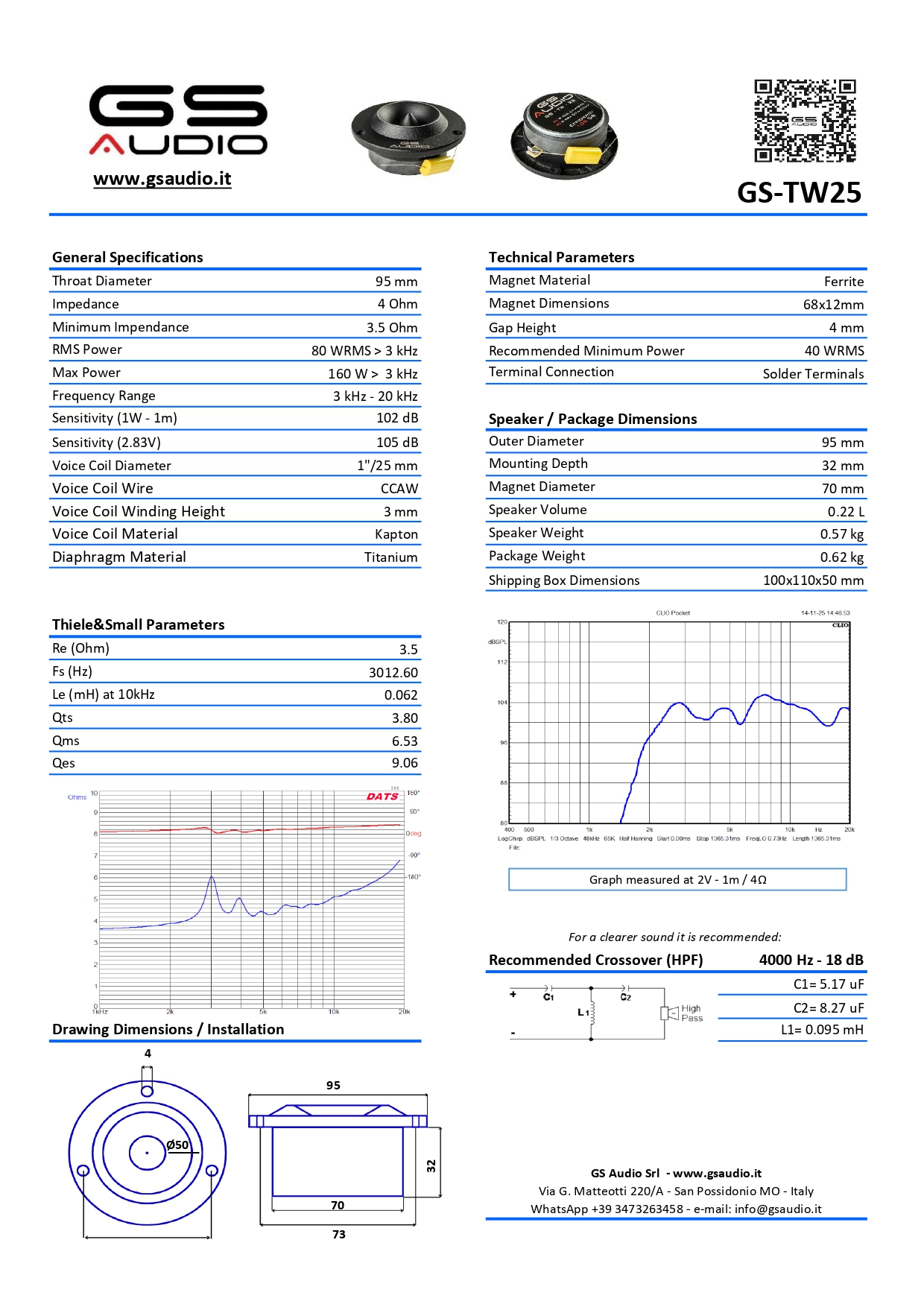 Scheda tecnica GS Audio TW 25